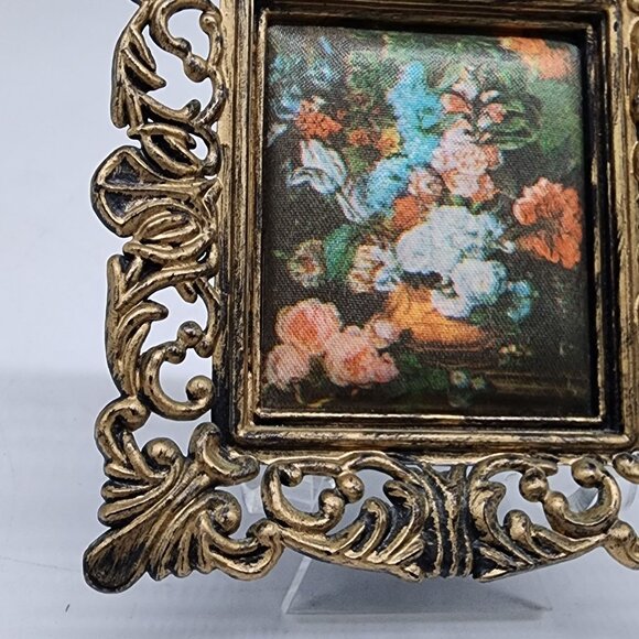 Vintage Ornate Plastic Gold Mini Picture Frame With Floral Satin Fabric 2x2.5 - Picture 6 of 11
